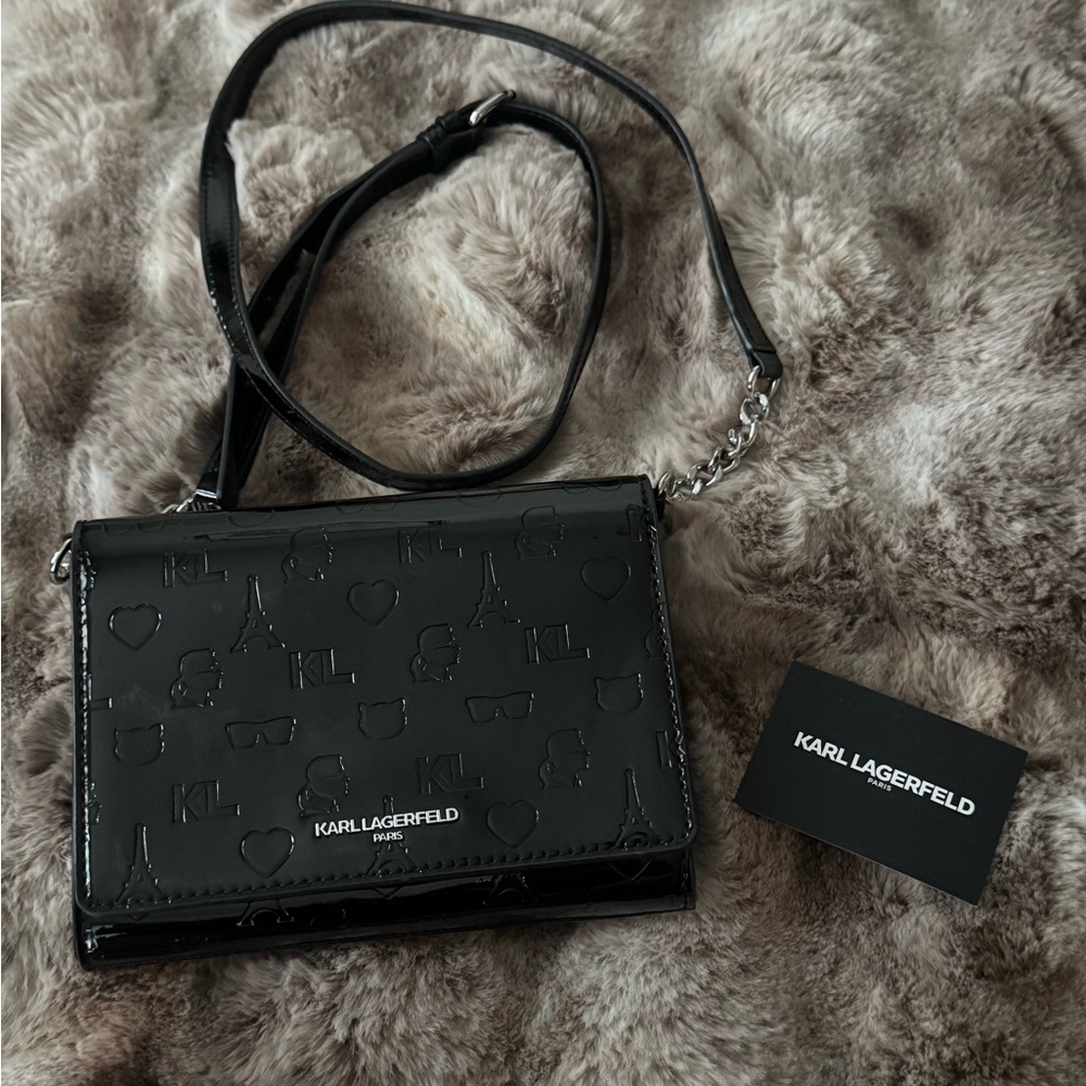 Karl Lagerfeld Black Patent Embossed Crossbody Bag